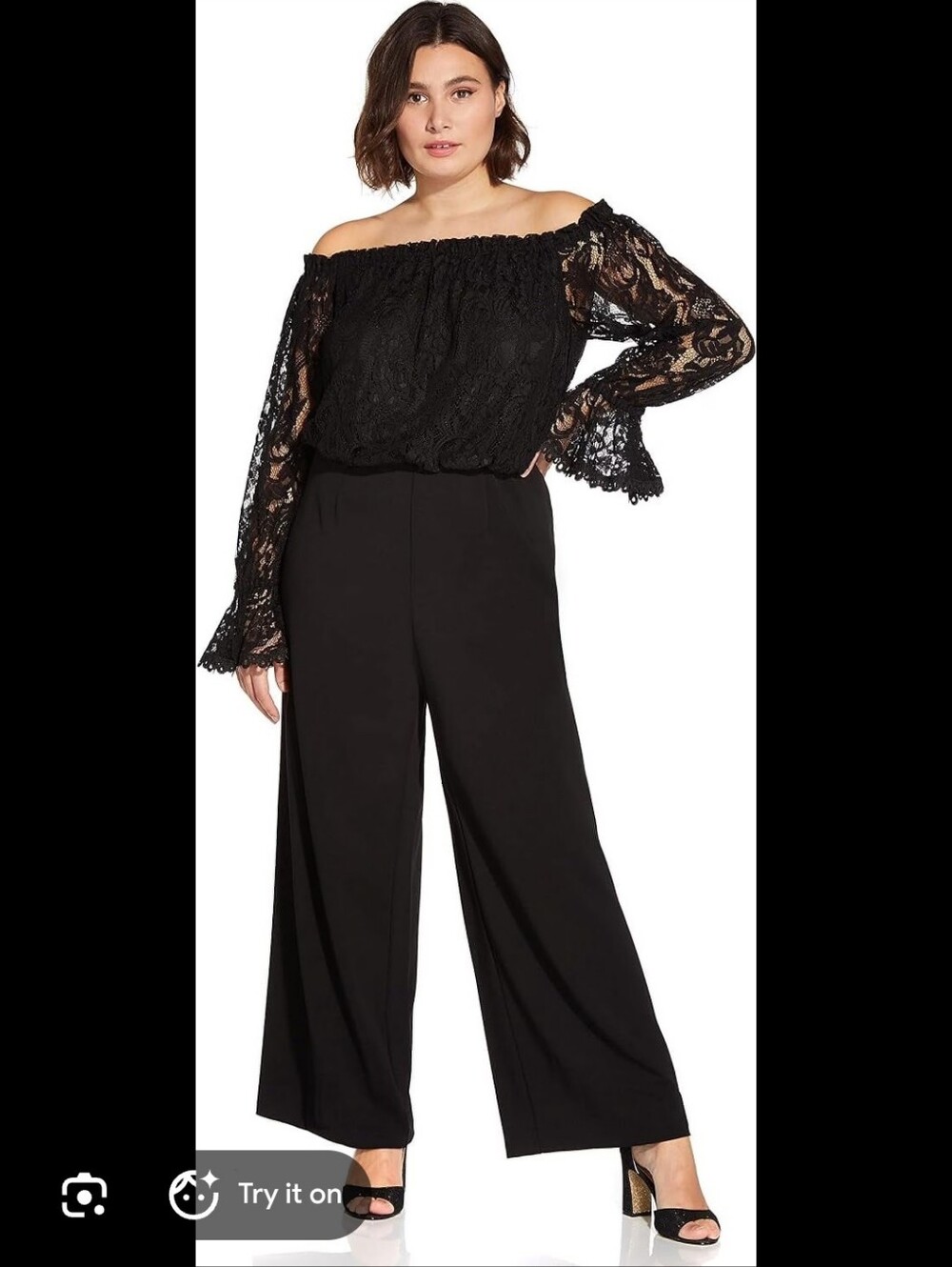 Adrianna Papell Size 20 Black Off-Shoulder Lace Top with Wide-Leg Pants